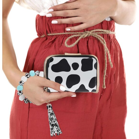 Cow Print Card Wallet with Keychain Set Fashionable PU Leather Women - Picture 9 of 9